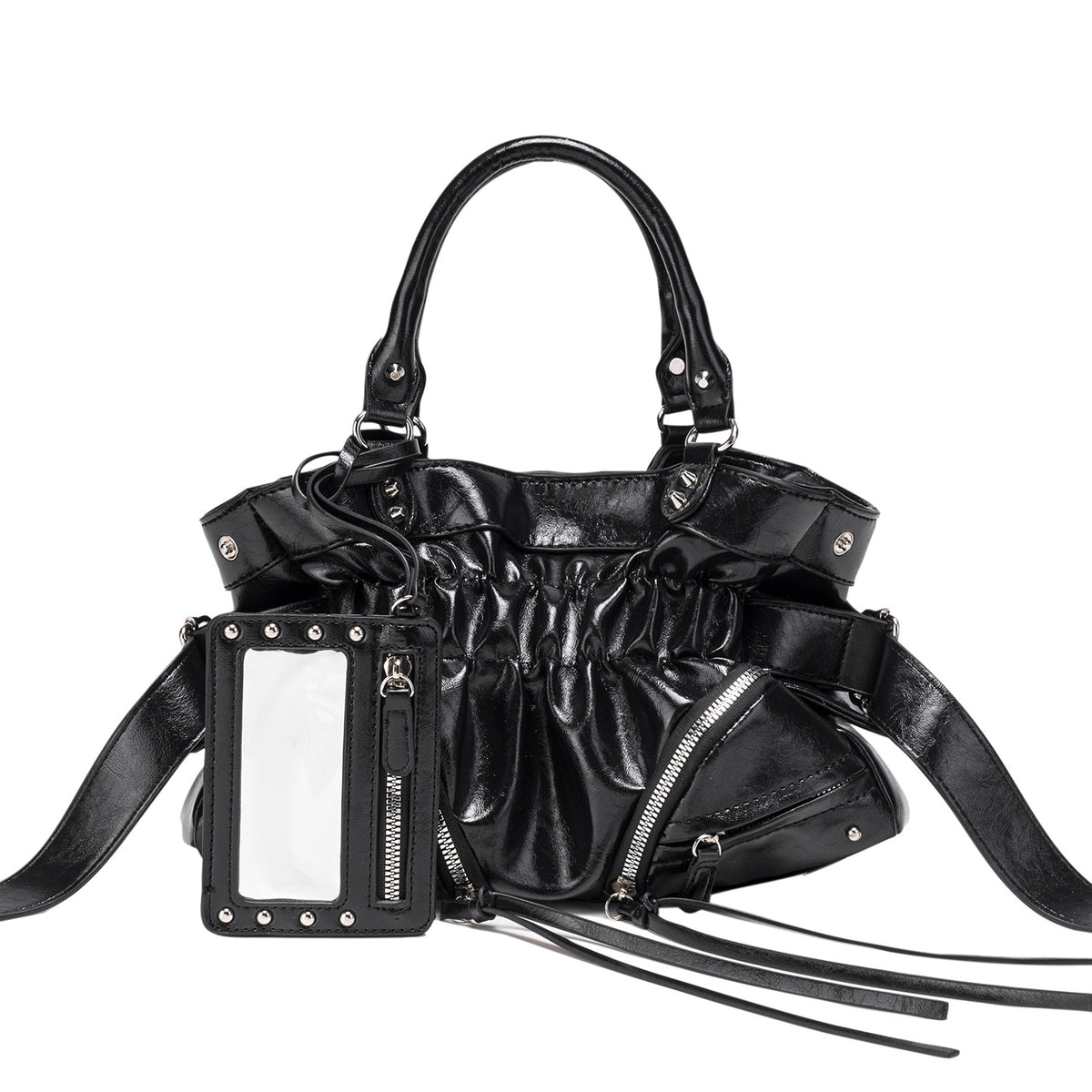 Black glossy ruched convertible tote bag with silver-tone rivets, detachable wide shoulder strap, external zip pouch, and