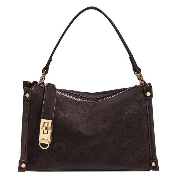 Small structured square handbag in deep dark brown matte pebbled finish with gold-tone turn-lock clasp, top zipper, corner