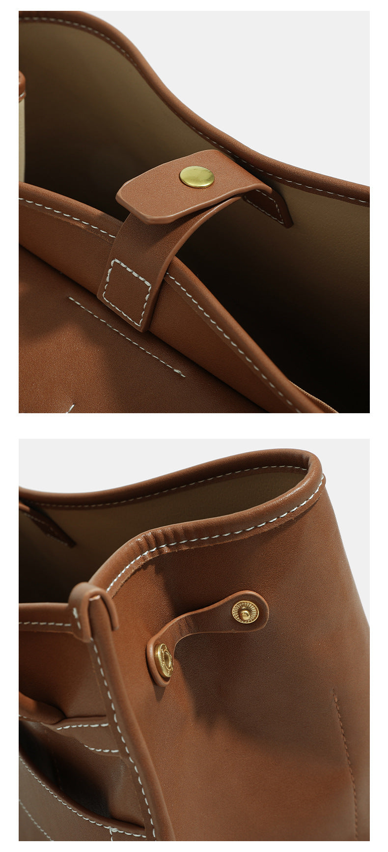 Structured flap-over backpack satchel in smooth leather-look finish with gold-tone buckle hardware and top handle, detail