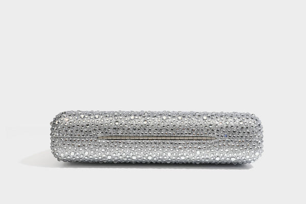 rectangular hard-case rhinestone evening clutch with sculptural gold-tone branch-and-bud top handle and detachable chain