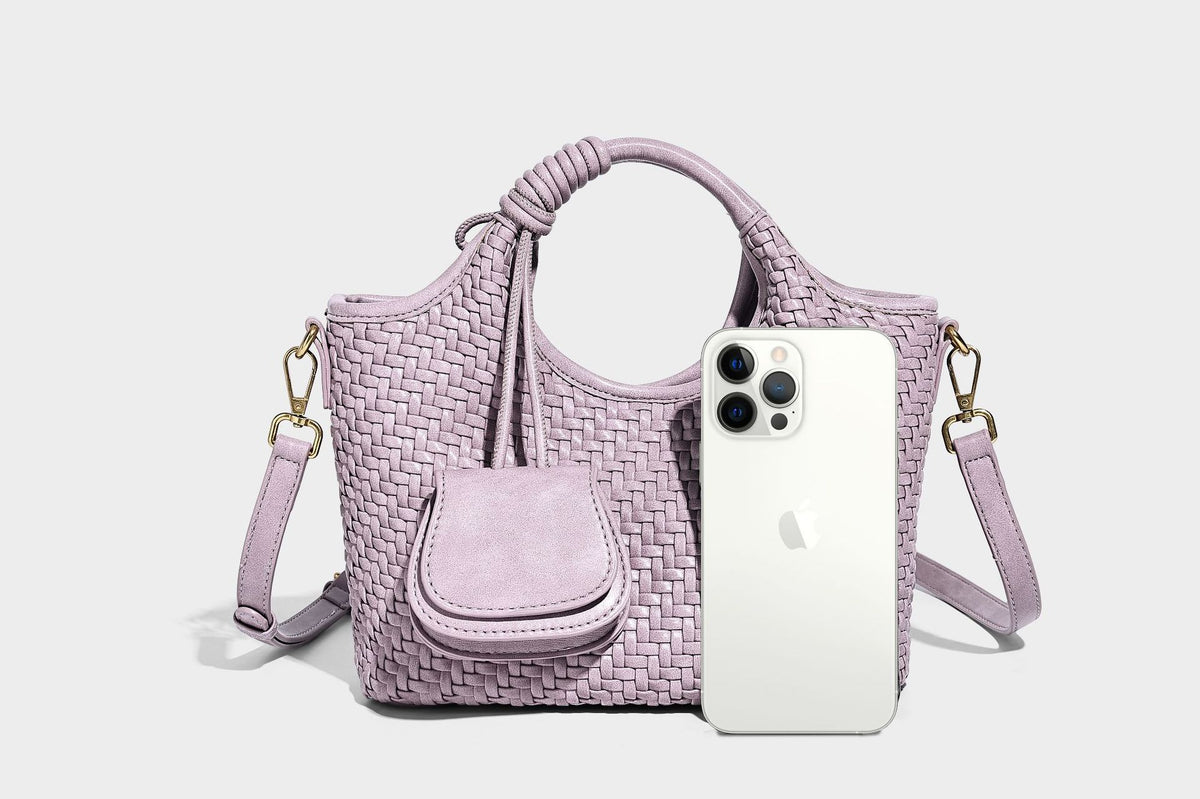 Woven texture tote bag with knotted top handles, attached front mini pouch, and gold-tone hardware, detail view 22