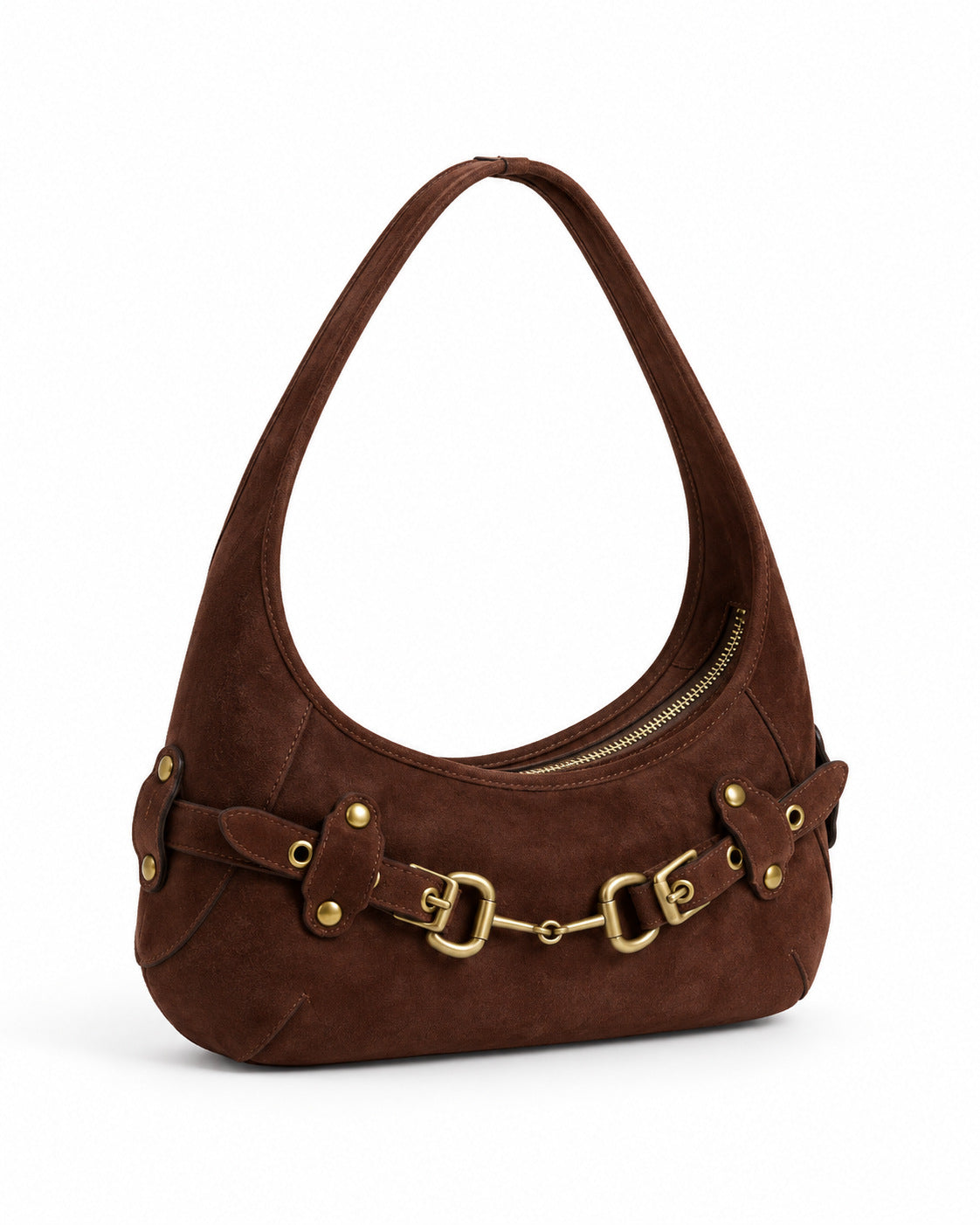 Matte suede-finish half-moon shoulder bag with gold horsebit bar hardware and dome studs, detail view 8