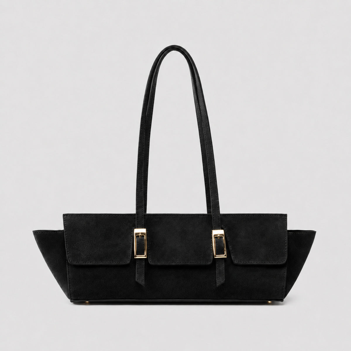 Wide trapezoid tote bag with matte suede-like finish, dual gold-tone buckle front pockets, and double flat shoulder straps