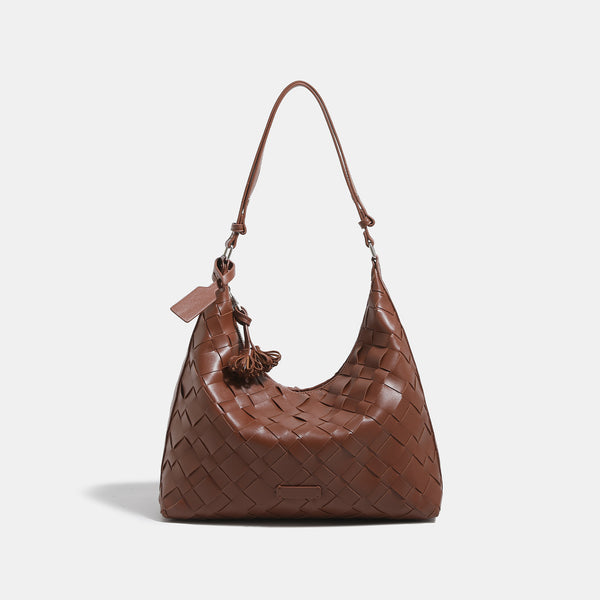 Large woven checker hobo shoulder bag with slim strap, silver-tone hardware, and braided tassel zipper pull, detail view 8