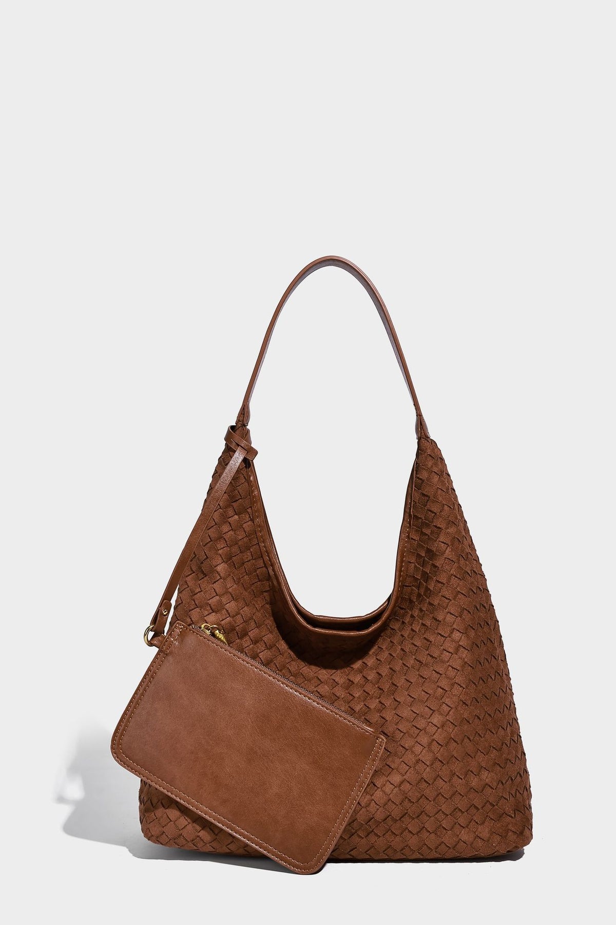 Large slouchy woven hobo tote bag with curved shoulder strap and triangular silhouette, detail view 23