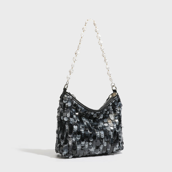 Small crescent sequin shoulder bag with pearl beaded strap and zip closure, detail view 3