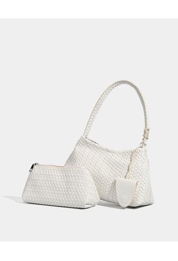 Woven leather-look shoulder bag with braided strap, trapezoidal body, and matching zip pouch, detail view 12