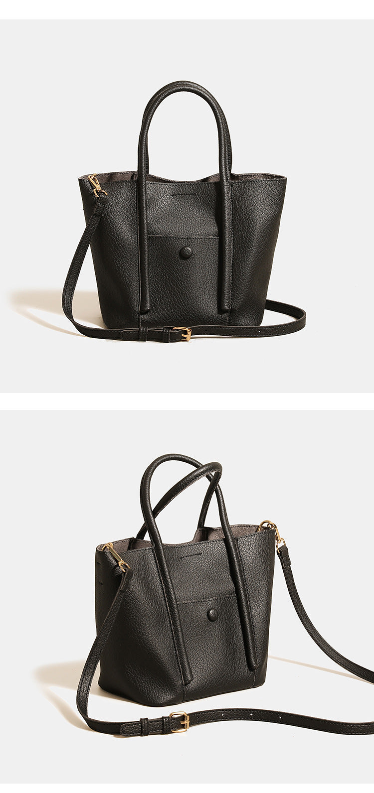 Structured pebbled matte tote bag with front snap pocket, dual top handles, and detachable zip pouch in almond beige, detail