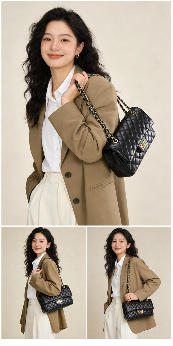 Gesteppte Crossbody-Tasche mit Rautenmuster, Überschlag, goldfarbenem Kettenriemen und Drehverschluss, Detailansicht 10