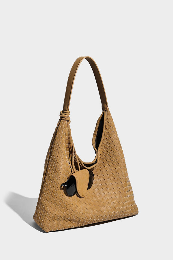 Slouchy woven hobo shoulder bag with knotted strap and matte leather-look textured finish, detail view 31