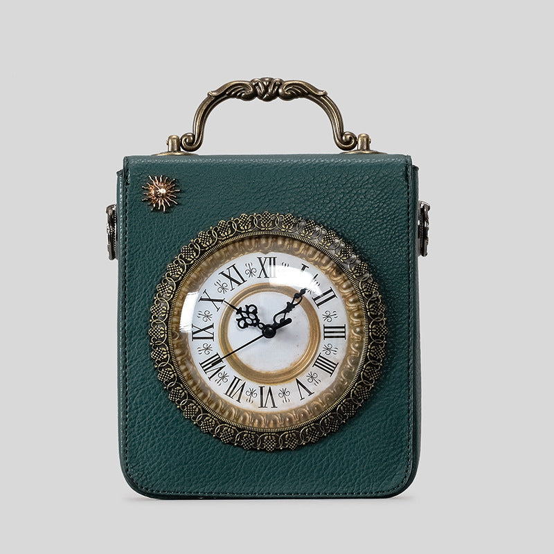 Small structured rectangular crossbody bag with ornate antique-style clock face and brass hardware in, detail view 8