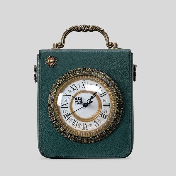 Small structured rectangular crossbody bag with ornate antique-style clock face and brass hardware in, detail view 8