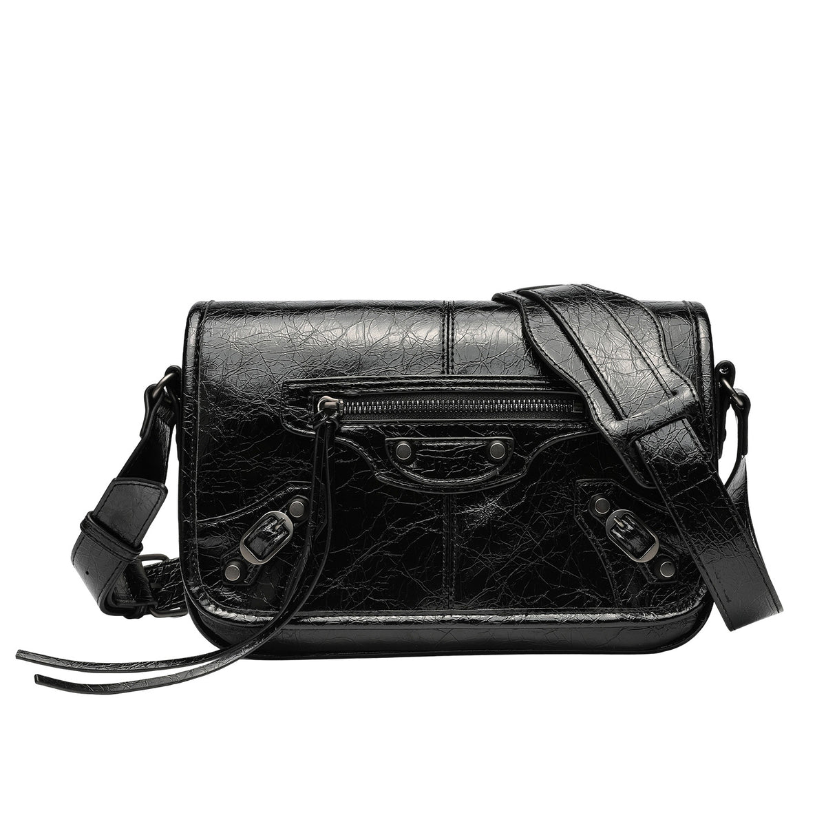 Small structured rectangular crossbody bag with crinkle leather-look finish, front zip pocket, gunmetal stud hardware, and