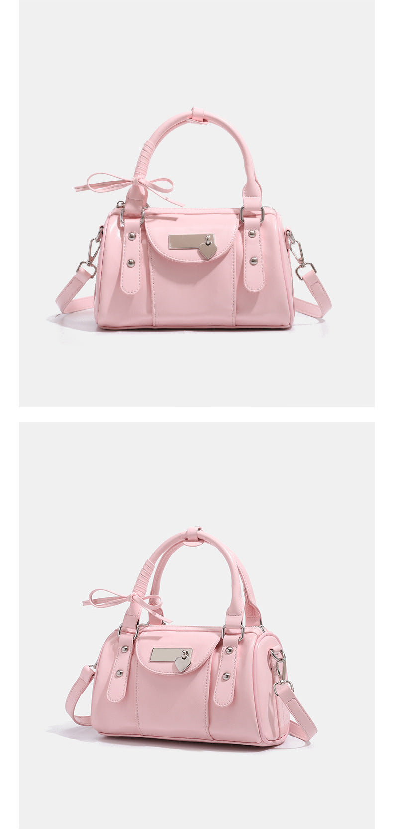 Kleine, formstabile Glanzledertasche mit zwei Henkeln, vorderer Klappentasche, herzförmigem Charm-Verschluss und silberfarbenem