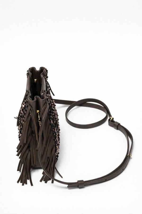 Small structured dark brown sequin handbag with leather-look fringe side trim and top cutout handle, detail view 12
