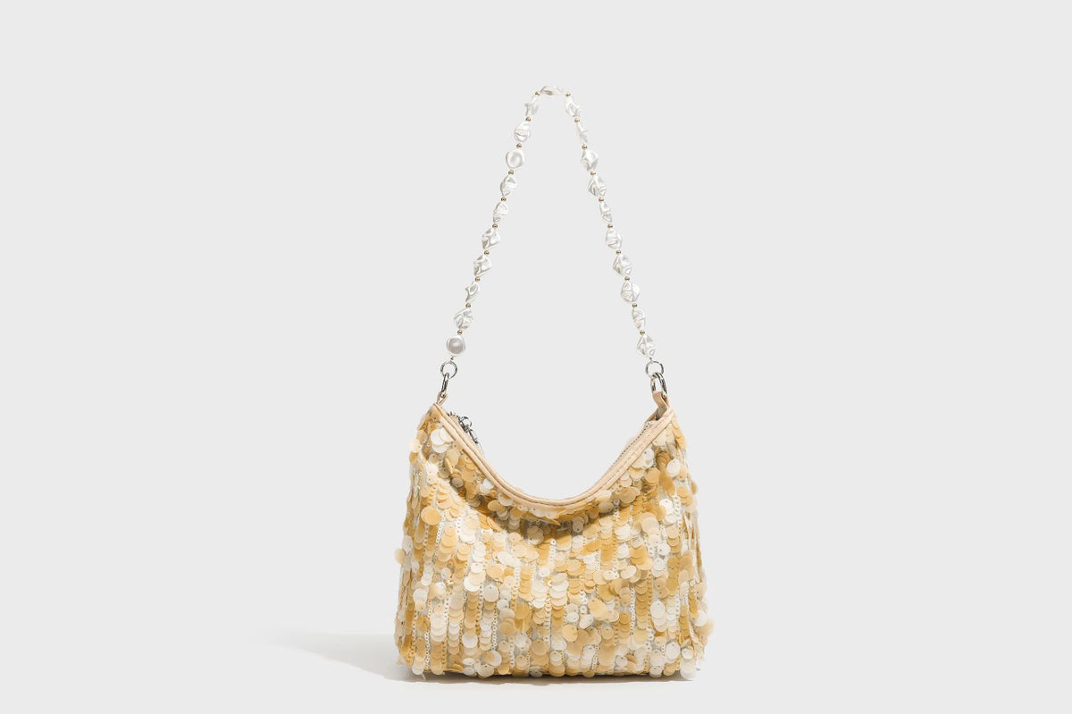 Small crescent sequin shoulder bag with pearl beaded strap and zip closure, detail view 24