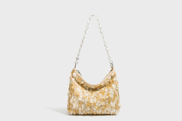 Small crescent sequin shoulder bag with pearl beaded strap and zip closure, detail view 24