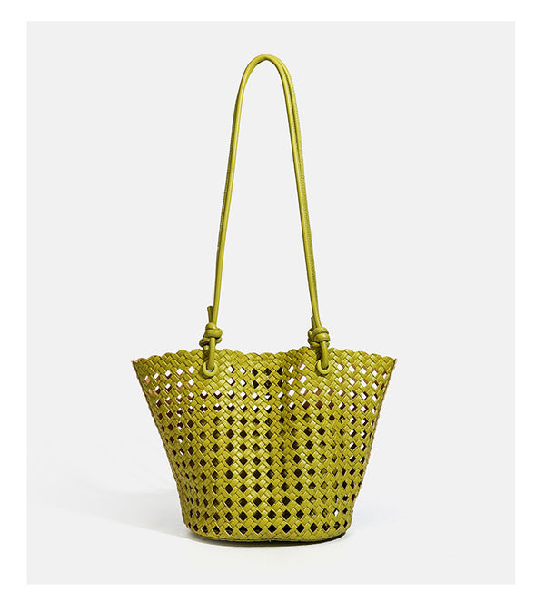 Open-weave lattice bucket tote bag with long knotted cord handles and tapered silhouette, detail view 16