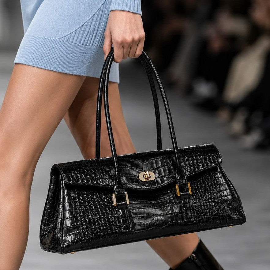 Structured croc-embossed leather-look satchel bag with gold-tone turn-lock closure and dual top handles, detail view 2