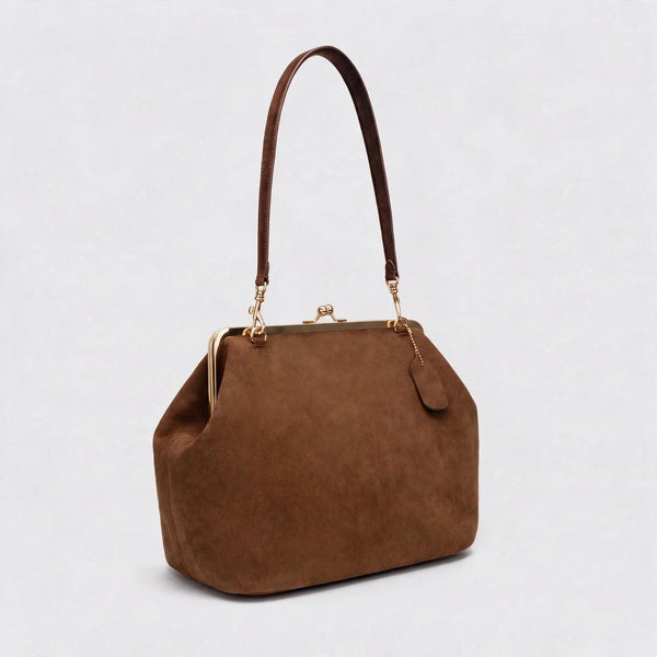 Strukturierte Rahmenschultertasche mit Kussverschluss, goldfarbenen Beschlägen und Riemen in Lederoptik, Detailansicht 23