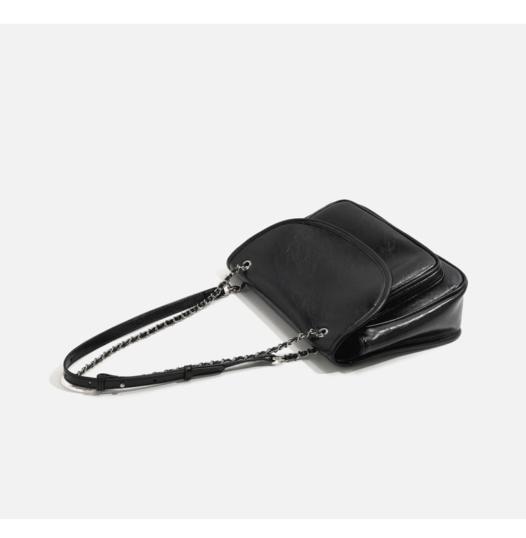 Structured glossy leather-look flap shoulder bag with silver-tone chain strap, detail view 13
