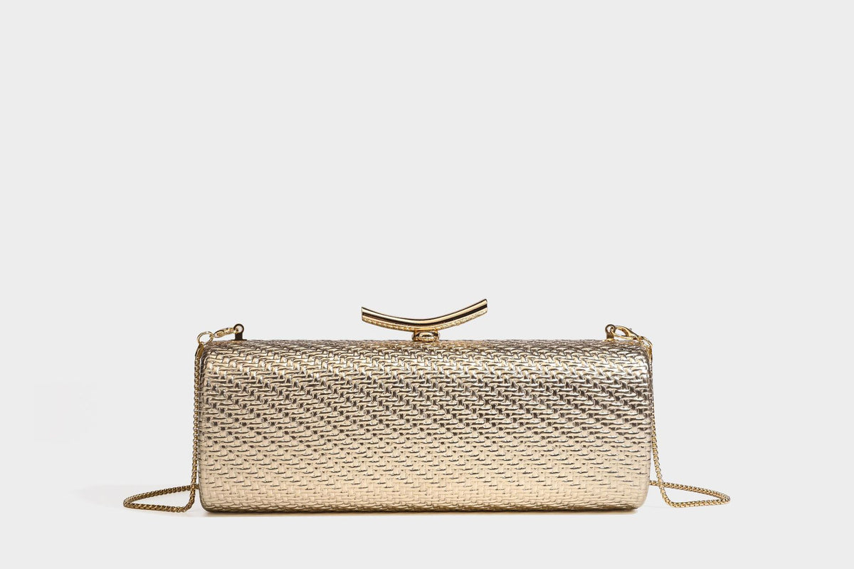 Strukturierte metallische Abend-Clutch mit gewebter Optik, geschwungenem goldfarbenem Kiss-Lock-Verschluss und abnehmbarem schmalem goldfarbenem Kettenriemen