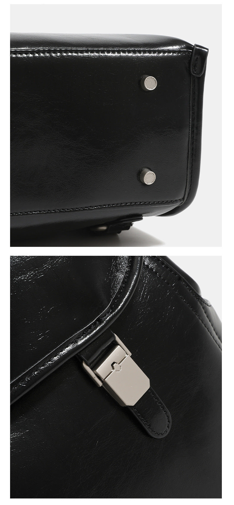 Structured glossy leather-look flap backpack with twin buckle closures and top grab handle, detail view 16