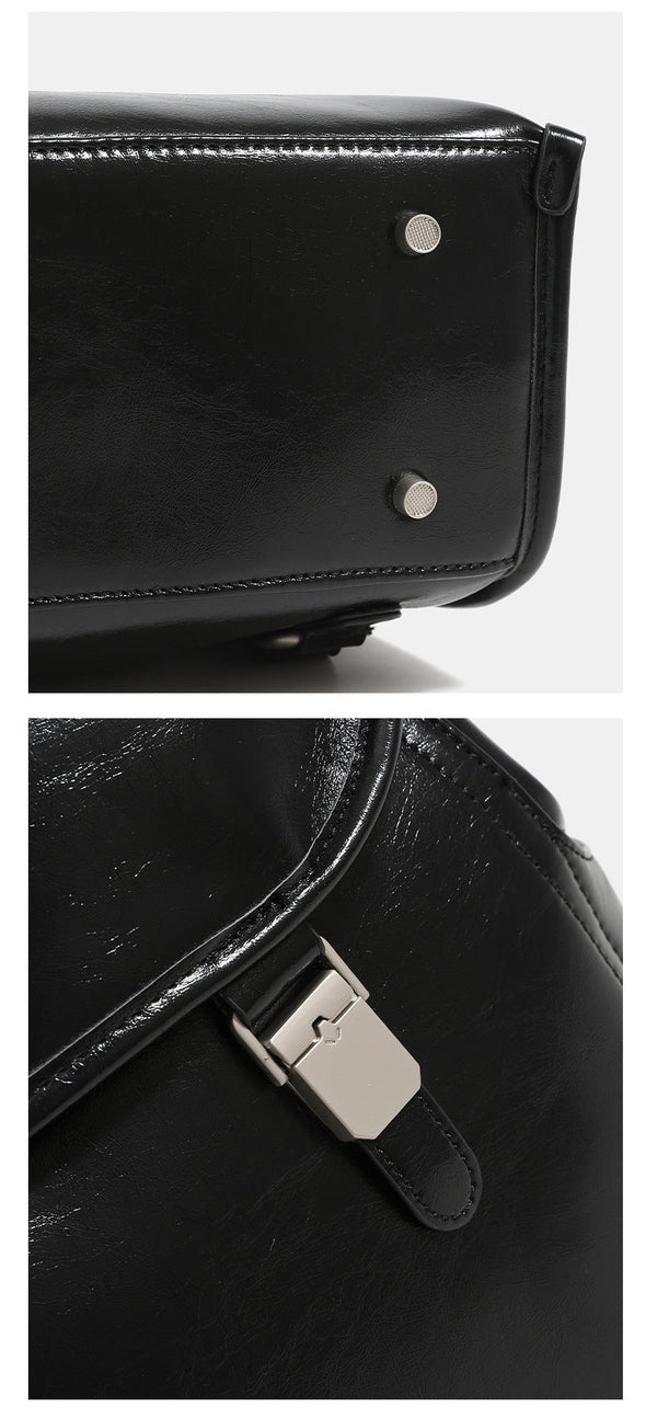 Structured glossy leather-look flap backpack with twin buckle closures and top grab handle, detail view 16