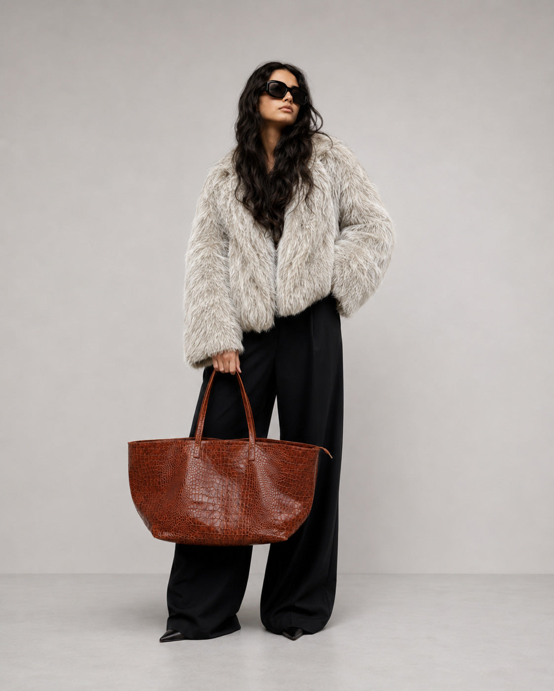 Oversized glossy crocodile-embossed tote bag with long double shoulder straps, detail view 12