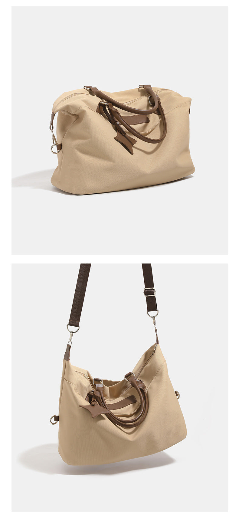Large slouchy nylon tote bag with brown leather-look handles, double-pull zip closure, and star charm detail, detail view 12