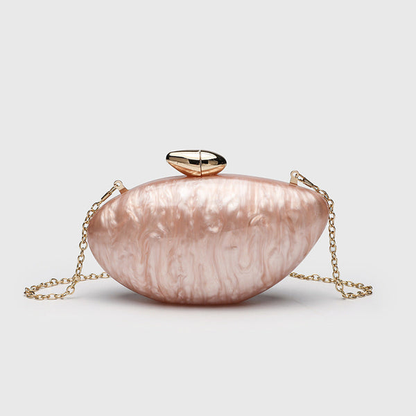Oval hard-shell marbled gloss clutch bag with gold-tone kiss-lock clasp and detachable gold chain strap, detail view 4
