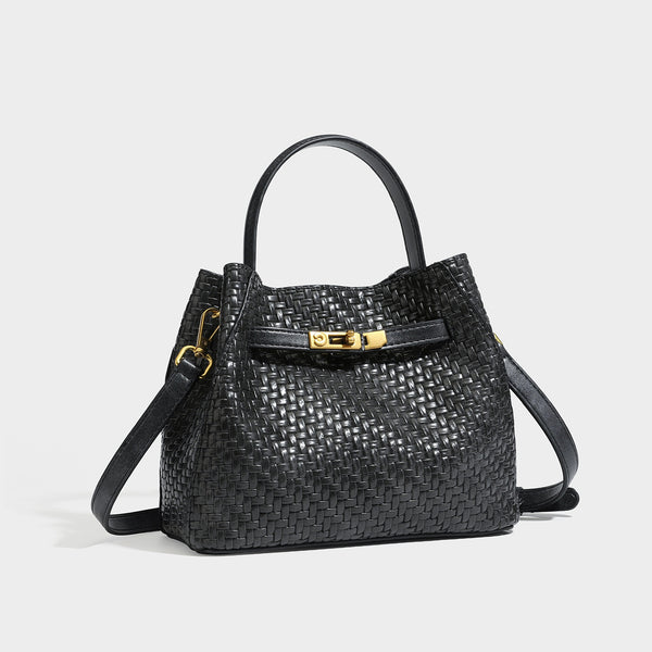 Structured woven leather-look bucket bag with gold-tone turn-lock hardware and detachable shoulder strap, detail view 3