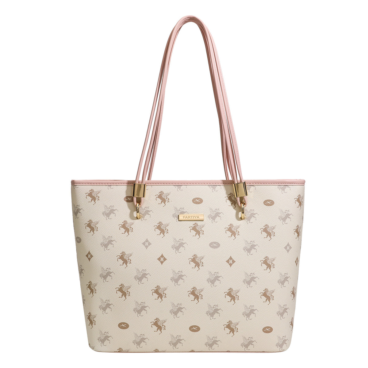 Cream structured tote bag with allover horse-and-crest print, blush-pink leather-look double shoulder straps, gold-tone