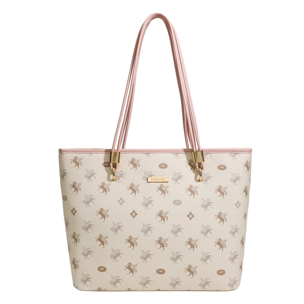 Cream structured tote bag with allover horse-and-crest print, blush-pink leather-look double shoulder straps, gold-tone