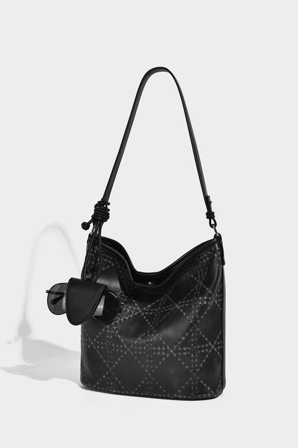 Diamond-quilted leather-look bucket shoulder bag with knotted strap accent and attached mini pouch, detail view 18