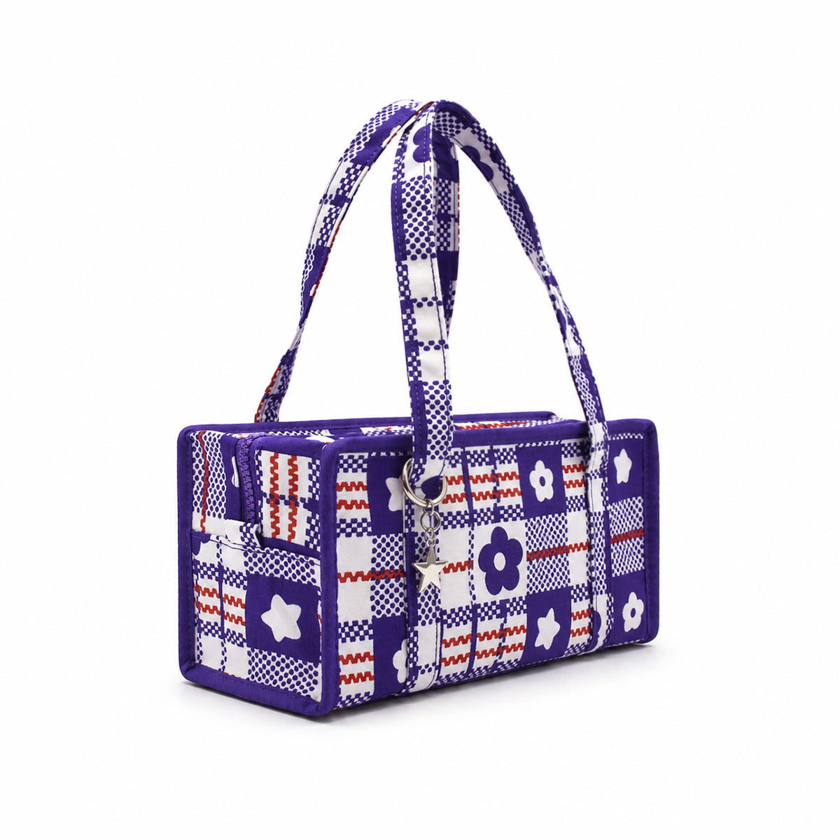 Structured rectangular retro plaid mini handbag with flower and star appliqués, silver star charm, and twin top handles