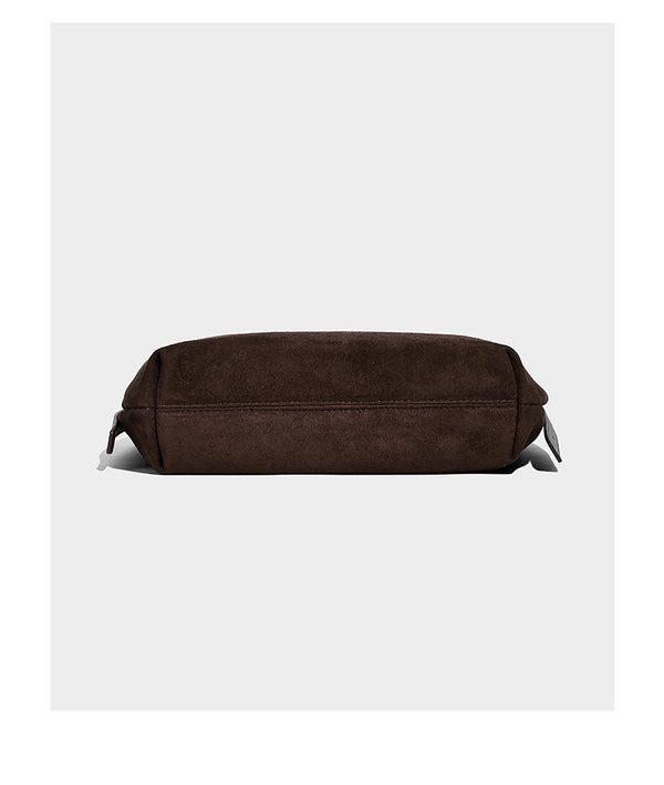 Slouchy crescent hobo shoulder bag in dark chocolate matte suede-look finish with adjustable strap and twin-pull top zip