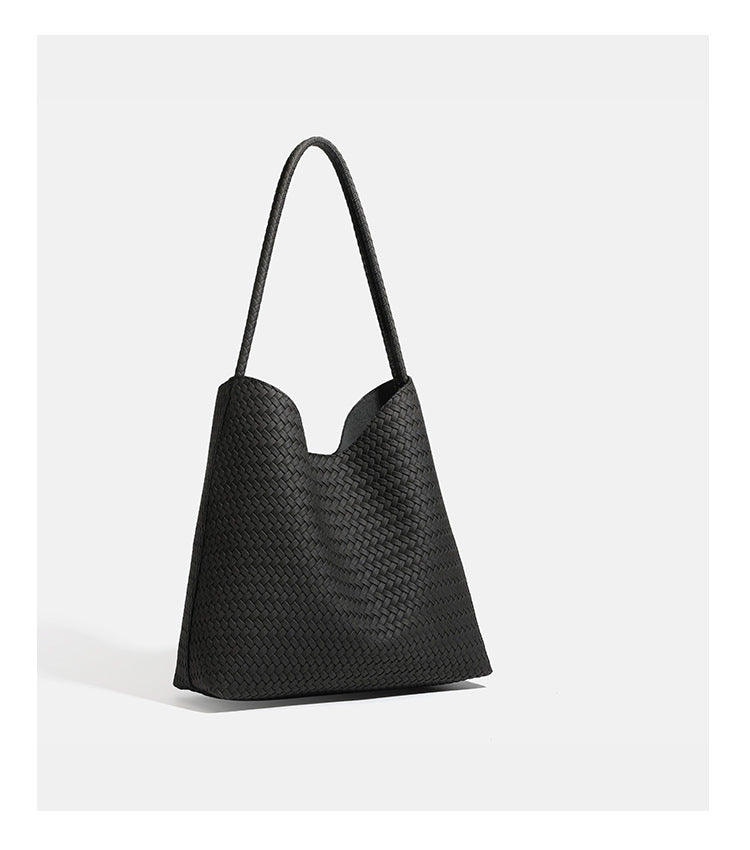 Large woven hobo shoulder bag with braided strap and matching zip pouch in dark brown, detail view 19