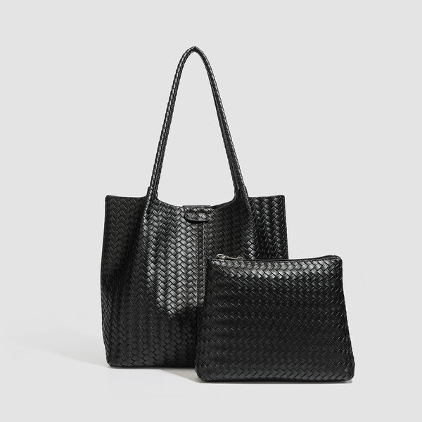 Large black basket-weave leather-look tote bag with long braided shoulder straps and matching woven zip pouch, detail view 3