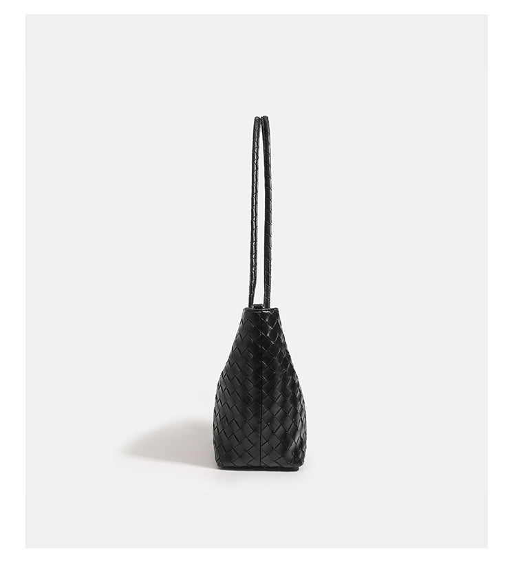 Glossy basket-weave leather-look shoulder tote bag with long braided straps and open top, detail view 11