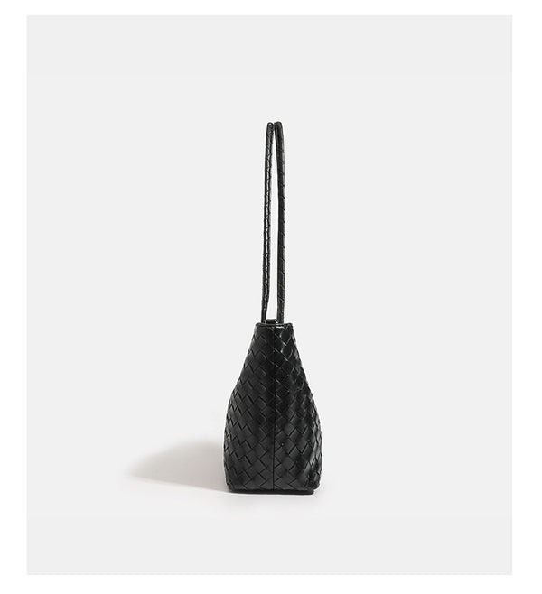 Glossy basket-weave leather-look shoulder tote bag with long braided straps and open top, detail view 11