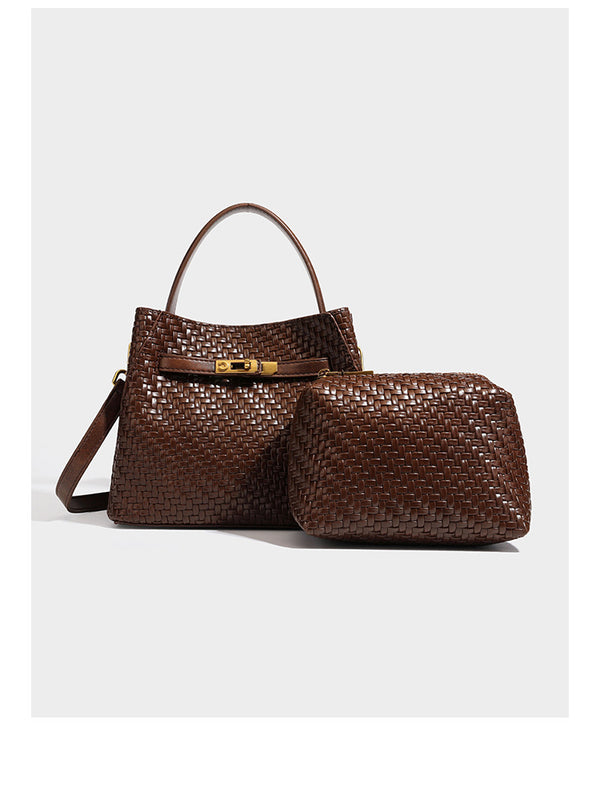 Structured woven leather-look bucket bag with gold-tone turn-lock hardware and detachable shoulder strap, detail view 11