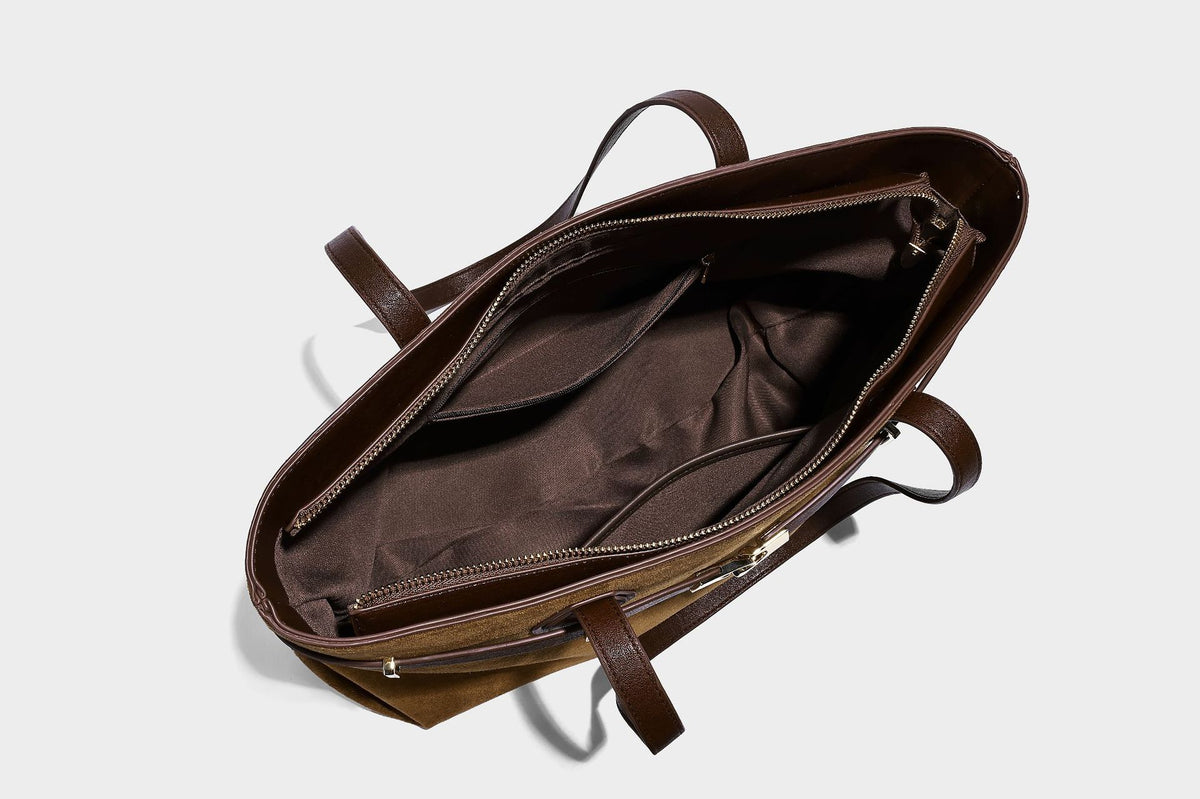 Structured suede-look shopper tote with wraparound belt strap and gold turn-lock clasp, long dark brown shoulder handles