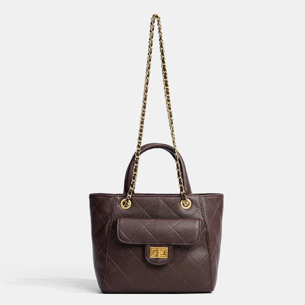 Diamond-quilted leather-look shoulder tote bag with gold-tone chain strap and dual top handles, detail view 3