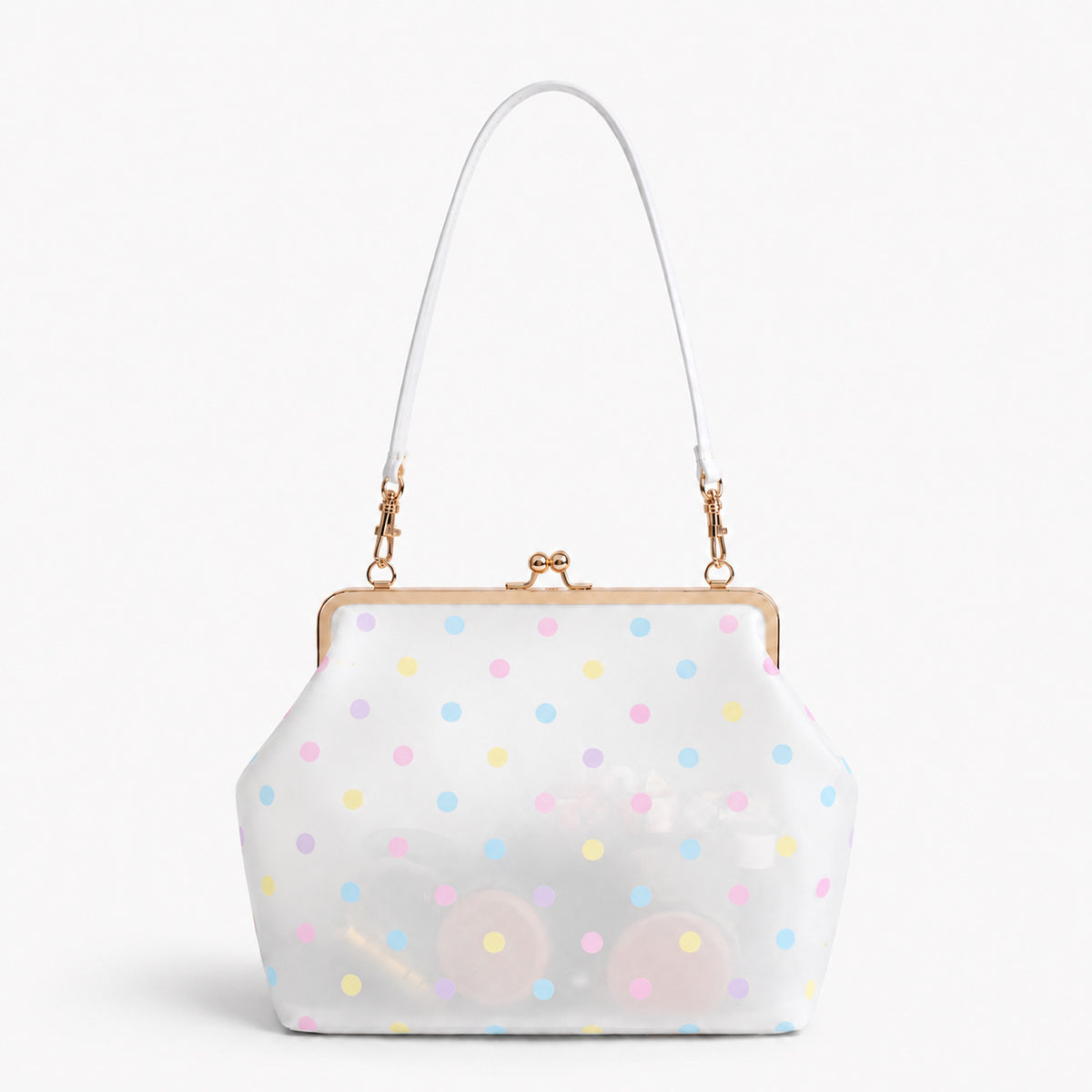 Structured translucent pastel frame-clasp shoulder bag with gold-tone hinged ball clasp and slim top handle, detail view 2