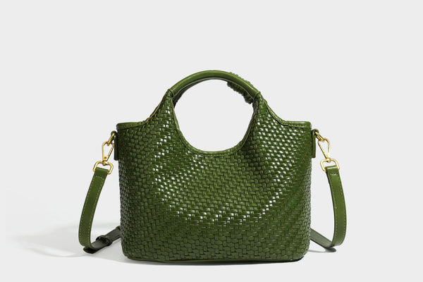 Woven leather-look tote bag in mocha brown with knotted top handle, front flap pocket, and detachable crossbody strap with
