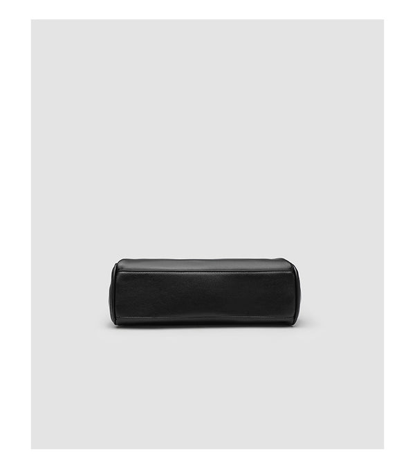Structured black leather-look flap satchel bag with silver turn-lock hardware and top handle, detail view 18