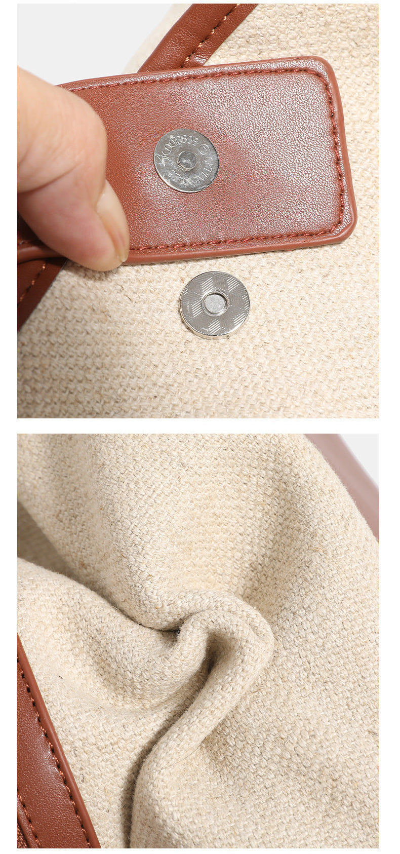 Off-white woven cotton-linen shoulder bag with brown leather-look trim, dual zip closure, long zipper pulls, front exterior