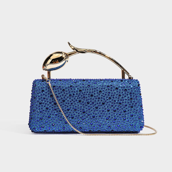 rectangular hard-case rhinestone evening clutch with sculptural gold-tone branch-and-bud top handle and detachable chain