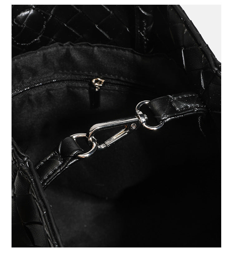 Glossy basket-weave leather-look shoulder tote bag with long braided straps and open top, detail view 19